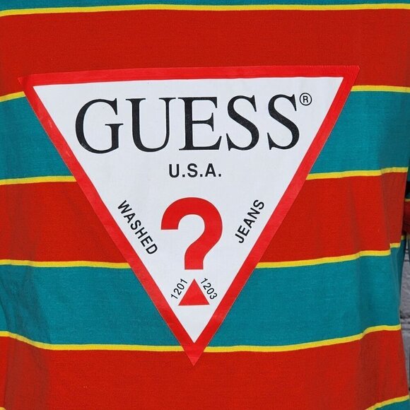 Guess Other - Guess Logo Orange/Green Striped T-Shirt, Men's Medium
